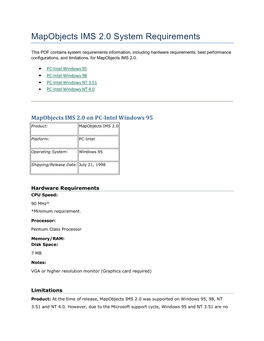 Mapobjects IMS 2.0 System Requirements