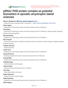 Pirna/ PIWI Protein Complex As Potential Biomarkers in Sporadic Amyotrophic Lateral Sclerosis