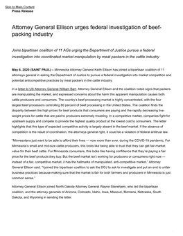 Attorney General Ellison Urges Federal Investigation of Beef- Packing Industry