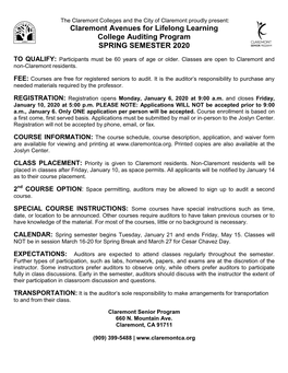 The Claremont Colleges and the City of Claremont Proudly Present: Claremont Avenues for Lifelong Learning College Auditing Program SPRING SEMESTER 2020