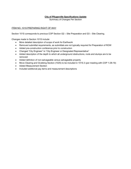 City of Pflugerville Specifications Update Summary of Changes Per Section