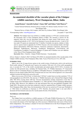 An Annotated Checklist of the Vascular Plants of the Udaipur Wildlife Sanctuary, West Champaran, Bihar, India