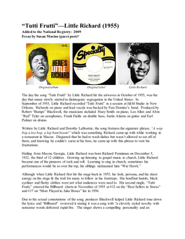 Tutti Frutti”—Little Richard (1955) Added to the National Registry: 2009 Essay by Susan Masino (Guest Post)*