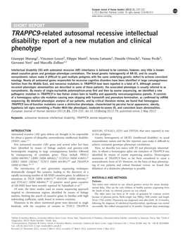 TRAPPC9-Related Autosomal Recessive Intellectual Disability: Report of a New Mutation and Clinical Phenotype