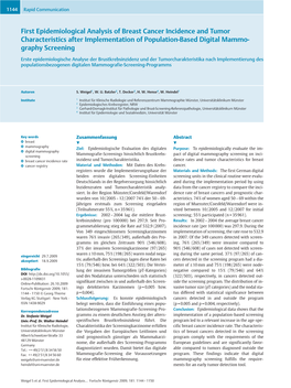 First Epidemiological Analysis of Breast Cancer Incidence and Tumor Characteristics After Implementation of Population-Based Digital Mammo- Graphy Screening