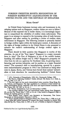 Foreign Creditor Rights: Recognition of Foreign Bankruptcy Adjudications in the United States and the Republic of Singapore