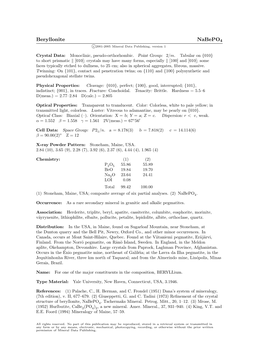 Beryllonite Nabepo4 C 2001-2005 Mineral Data Publishing, Version 1