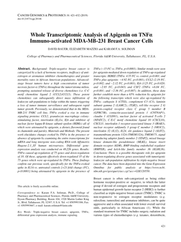 Whole Transcriptomic Analysis of Apigenin on TNF Α Immuno-Activated MDA-MB-231 Breast Cancer Cells DAVID BAUER, ELIZABETH MAZZIO and KARAM F.A