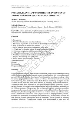 Primates, Plants, and Parasites: the Evolution of Animal Self-Medication and Ethnomedicine - Michael A