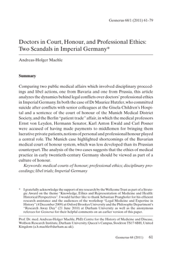 Doctors in Court, Honour, and Professional Ethics: Two Scandals in Imperial Germany*