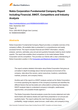 Nokia Corporation Fundamental Company Report Including