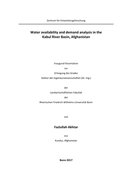 Water Availability and Demand Analysis in the Kabul River Basin, Afghanistan