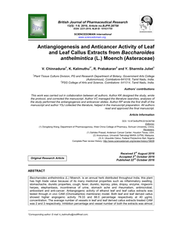 Antiangiogenesis and Anticancer Activity of Leaf and Leaf Callus Extracts from Baccharoides Anthelmintica (L.) Moench (Asteraceae)