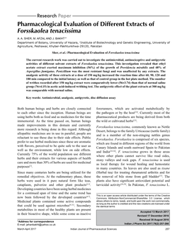 Pharmacological Evaluation of Different Extracts of Forsskaolea Tenacissima