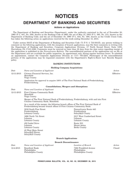 NOTICES DEPARTMENT of BANKING and SECURITIES Actions on Applications