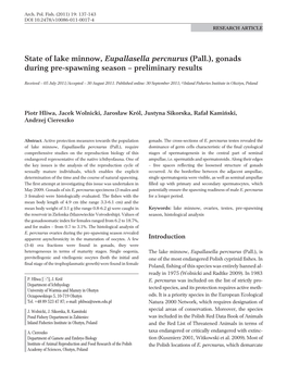 State of Lake Minnow, Eupallasella Percnurus (Pall.), Gonads During Pre-Spawning Season – Preliminary Results