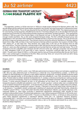 Ju 52 Airliner 4423 GERMAN WWII TRANSPORT AIRCRAFT 1:144 SCALE PLASTIC KIT