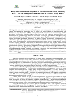 Safety and Antimicrobial Properties of Euclea Divinorum Hiern, Chewing Sticks Used for Management of Oral Health in Nairobi County, Kenya