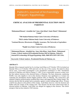 Critical Analysis of Presidential Election 1965 in Pakistan Pjaee, 18(8) (2021)