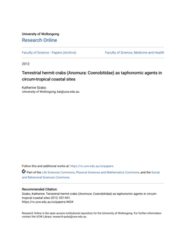 Terrestrial Hermit Crabs (Anomura: Coenobitidae) As Taphonomic Agents in Circum-Tropical Coastal Sites