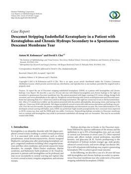 Case Report Descemet Stripping Endothelial Keratoplasty in a Patient with Keratoglobus and Chronic Hydrops Secondary to a Spontaneous Descemet Membrane Tear