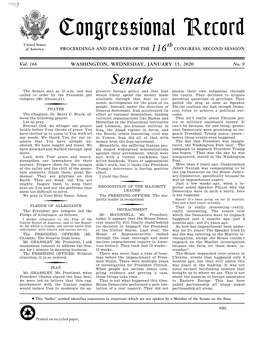 Congressional Record United States Th of America PROCEEDINGS and DEBATES of the 116 CONGRESS, SECOND SESSION