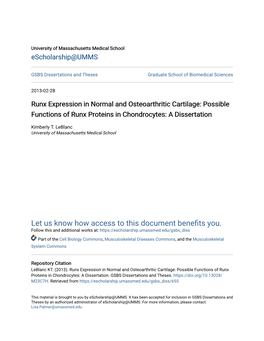 Runx Expression in Normal and Osteoarthritic Cartilage: Possible Functions of Runx Proteins in Chondrocytes: a Dissertation