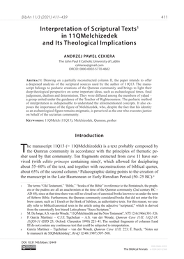 Interpretation of Scriptural Texts1 in 11Qmelchizedek and Its Theological Implications