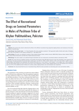 The Effect of Recreational Drugs on Seminal Parameters in Males of Pashtoon Tribe of Khyber Pakhtunkhwa, Pakistan