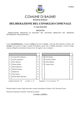 COMUNE DI BAUNEI Provincia Di Nuoro DELIBERAZIONE DEL CONSIGLIO COMUNALE N