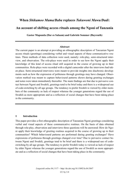 When Shikamoo Mama/Baba Replaces Tukuwoni Mawu/Dadi: an Account of Shifting Access Rituals Among the Ngoni of Tanzania