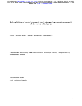 Declining RNA Integrity in Control Autopsy Brain Tissue Is Robustly and Asymmetrically Associated with Selective Neuronal Mrna Signal Loss