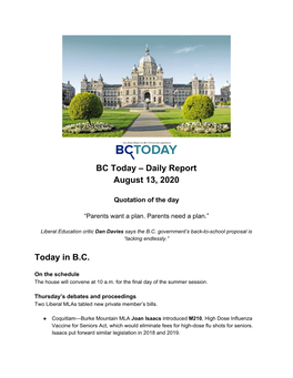 Daily Report August 13, 2020 Today in BC