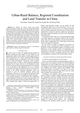 Urban-Rural Balance, Regional Coordination and Land Transfer in China Ling Zheng, Yaping Wei, Kang Cao, Songpo Shi, and Jinxing Wang