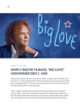 Simply Red Er Tilbage, "Big Love" Udkommer Den 1. Juni