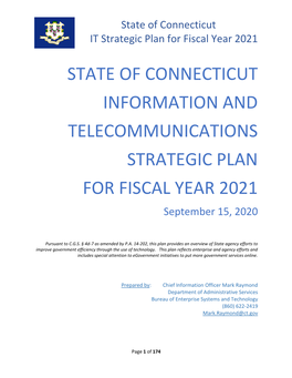 STATE of CONNECTICUT INFORMATION and TELECOMMUNICATIONS STRATEGIC PLAN for FISCAL YEAR 2021 September 15, 2020