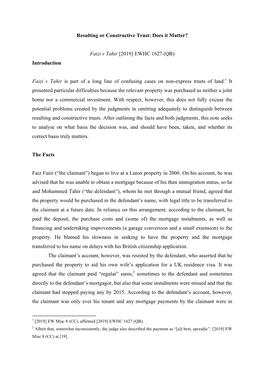 Resulting Or Constructive Trust: Does It Matter? Faizi V Tahir