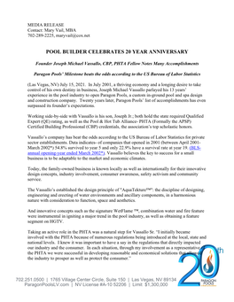 Pool Builder Celebrates 20 Year Anniversary