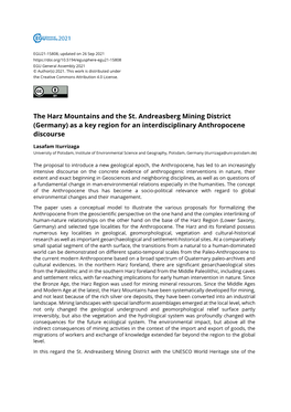 The Harz Mountains and the St. Andreasberg Mining District (Germany) As a Key Region for an Interdisciplinary Anthropocene Discourse