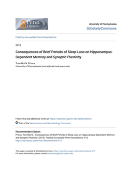 Consequences of Brief Periods of Sleep Loss on Hippocampus- Dependent Memory and Synaptic Plasticity