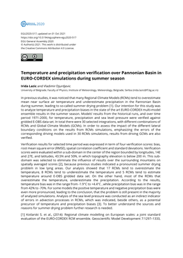 Temperature and Precipitation Verification Over Pannonian Basin in EURO-CORDEX Simulations During Summer Season