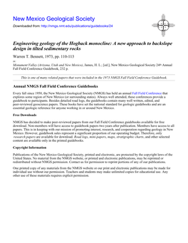 Engineering Geology of the Hogback Monocline: a New Approach to Backslope Design in Tilted Sedimentary Rocks Warren T