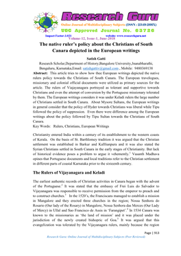 The Native Ruler's Policy About the Christians of South Canara