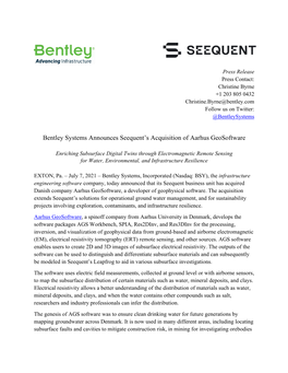 Bentley Systems Announces Seequent's Acquisition of Aarhus