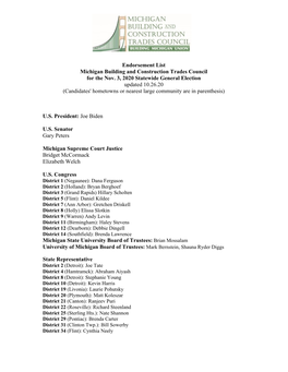 Endorsement List Michigan Building and Construction Trades Council for the Nov. 3, 2020 Statewide General Election Updated 10.2