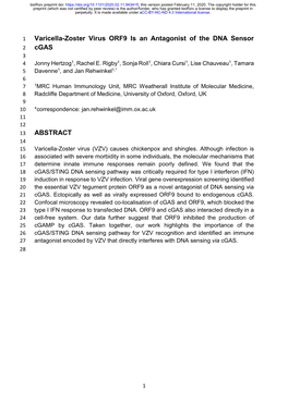 Varicella-Zoster Virus ORF9 Is an Antagonist of the DNA Sensor Cgas ABSTRACT