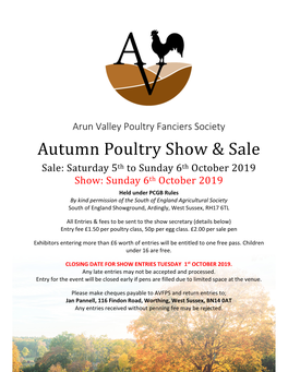 Arun Valley Poultry Fanciers Society Sale: Saturday 5Th to Sunday 6Th