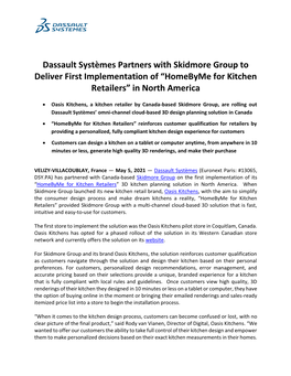 Dassault Systèmes Partners with Skidmore Group to Deliver First Implementation of “Homebyme for Kitchen Retailers” in North America
