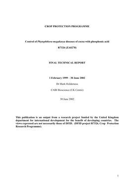 Control of Phytophthora Megakarya Diseases of Cocoa with Phosphonic Acid