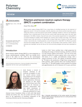 Polymers and Boron Neutron Capture Therapy (BNCT): a Potent Combination Cite This: Polym